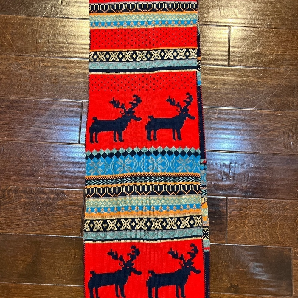 New Festive Reindeer Pattern Scarf - Red and Blue 76”